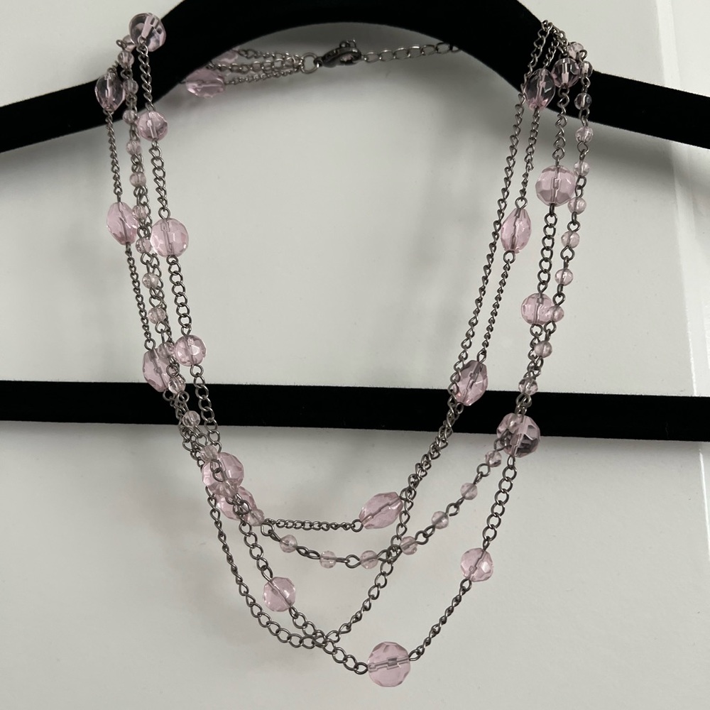 Layered necklace with pink clear beads